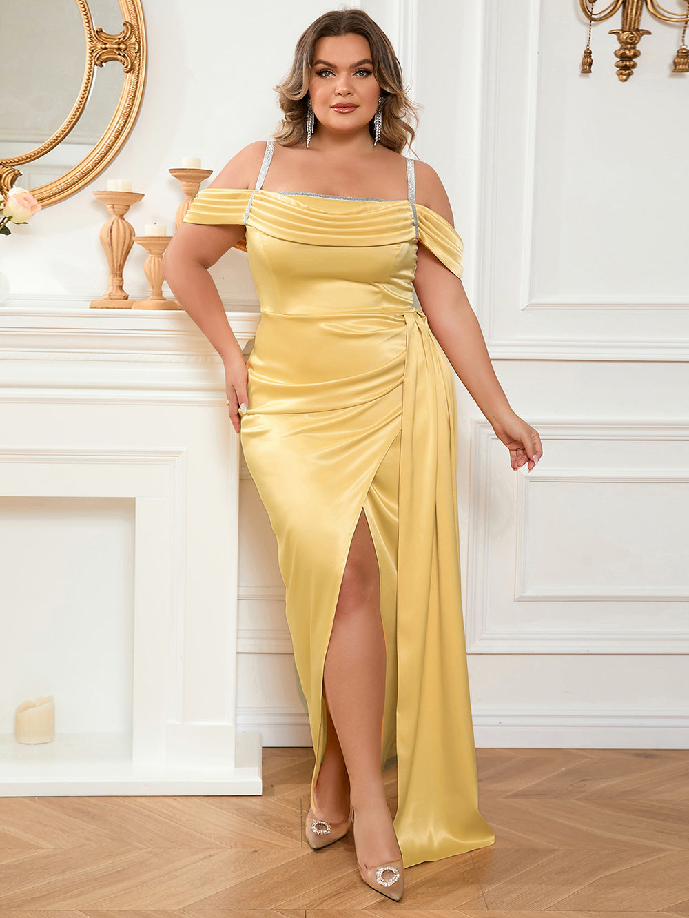 Yellow Off the Shoulder Fron Slit Maxi Dress