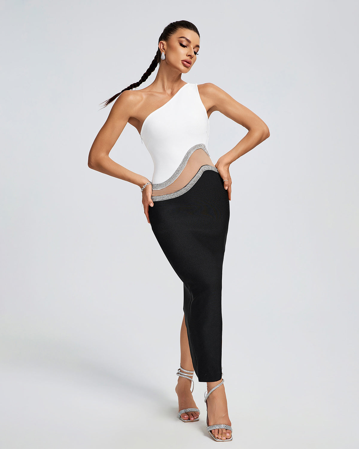 One Shoulder Bandage Patchwork Midi Dress