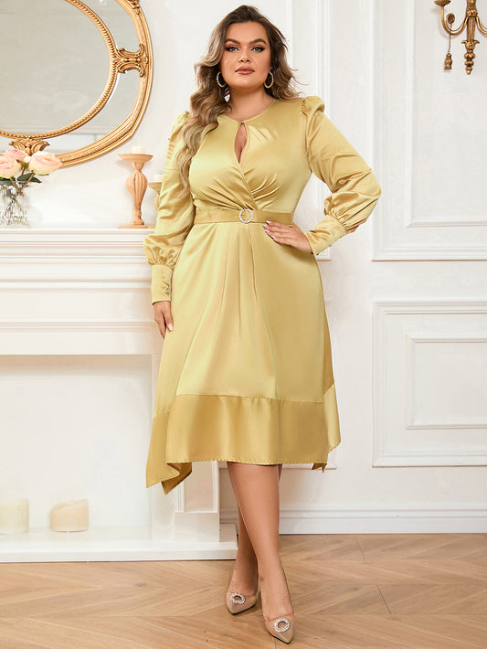 Yellow Round Neck Chest Hollow Midi Dress with Long Sleeve