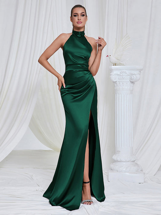 Olive Green High Slit Halter Ruched Dress Gown 