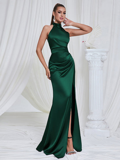 Olive Green High Slit Halter Ruched Dress Gown 