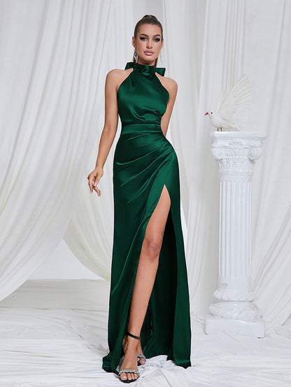 Olive Green High Slit Halter Ruched Dress Gown 