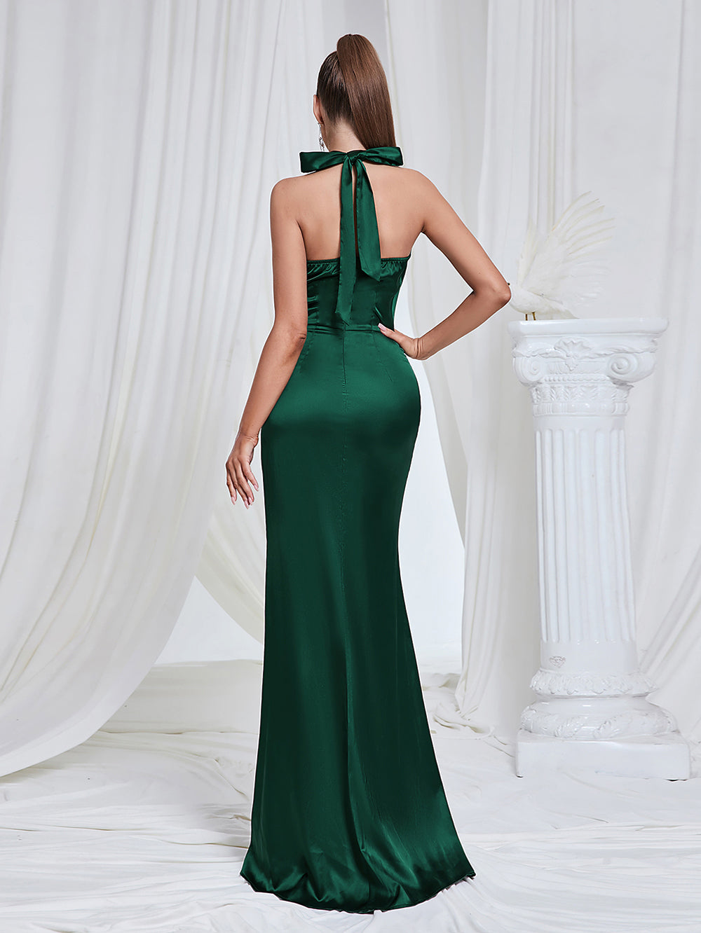 Olive Green High Slit Halter Ruched Dress Gown 