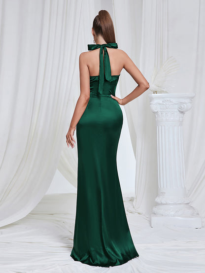 Olive Green High Slit Halter Ruched Dress Gown 