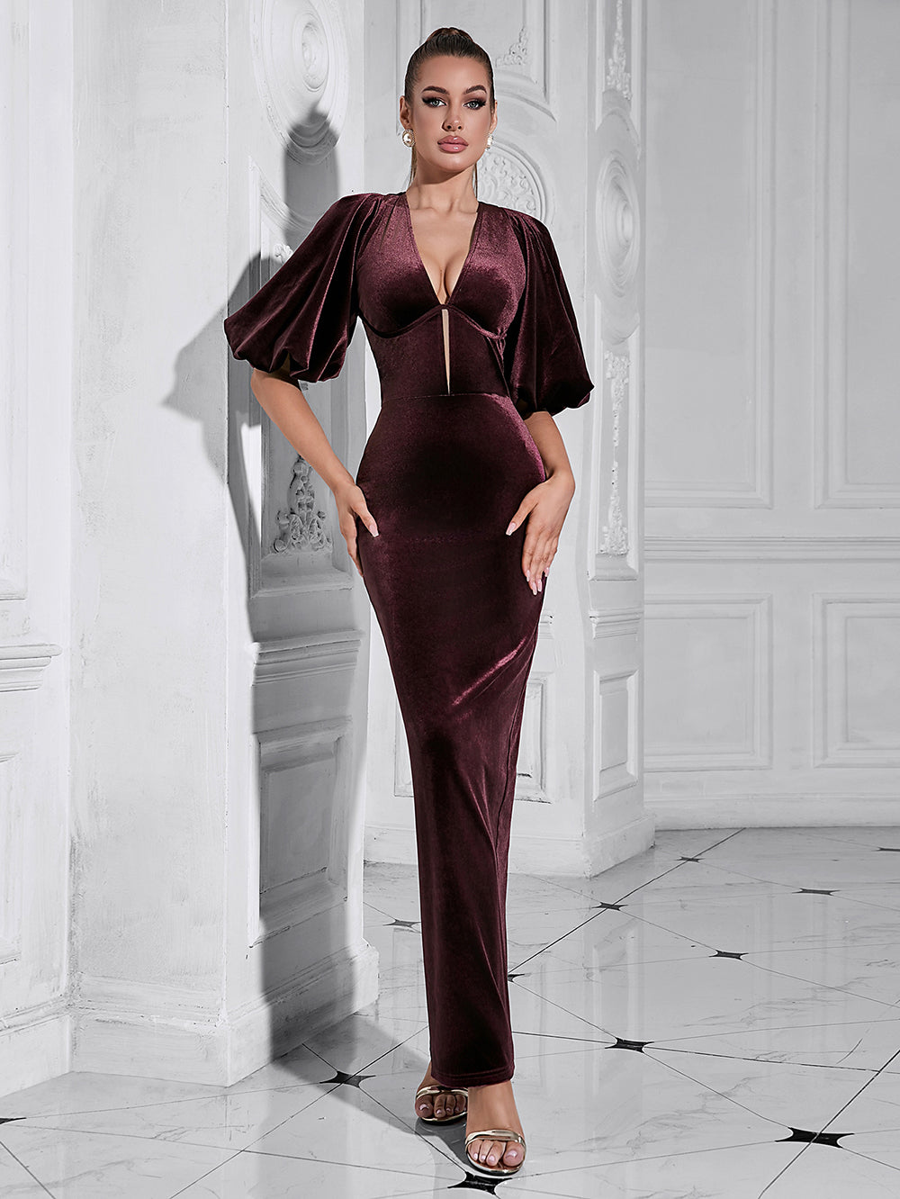 Puff Sleeve Velvet Bodycon Dress