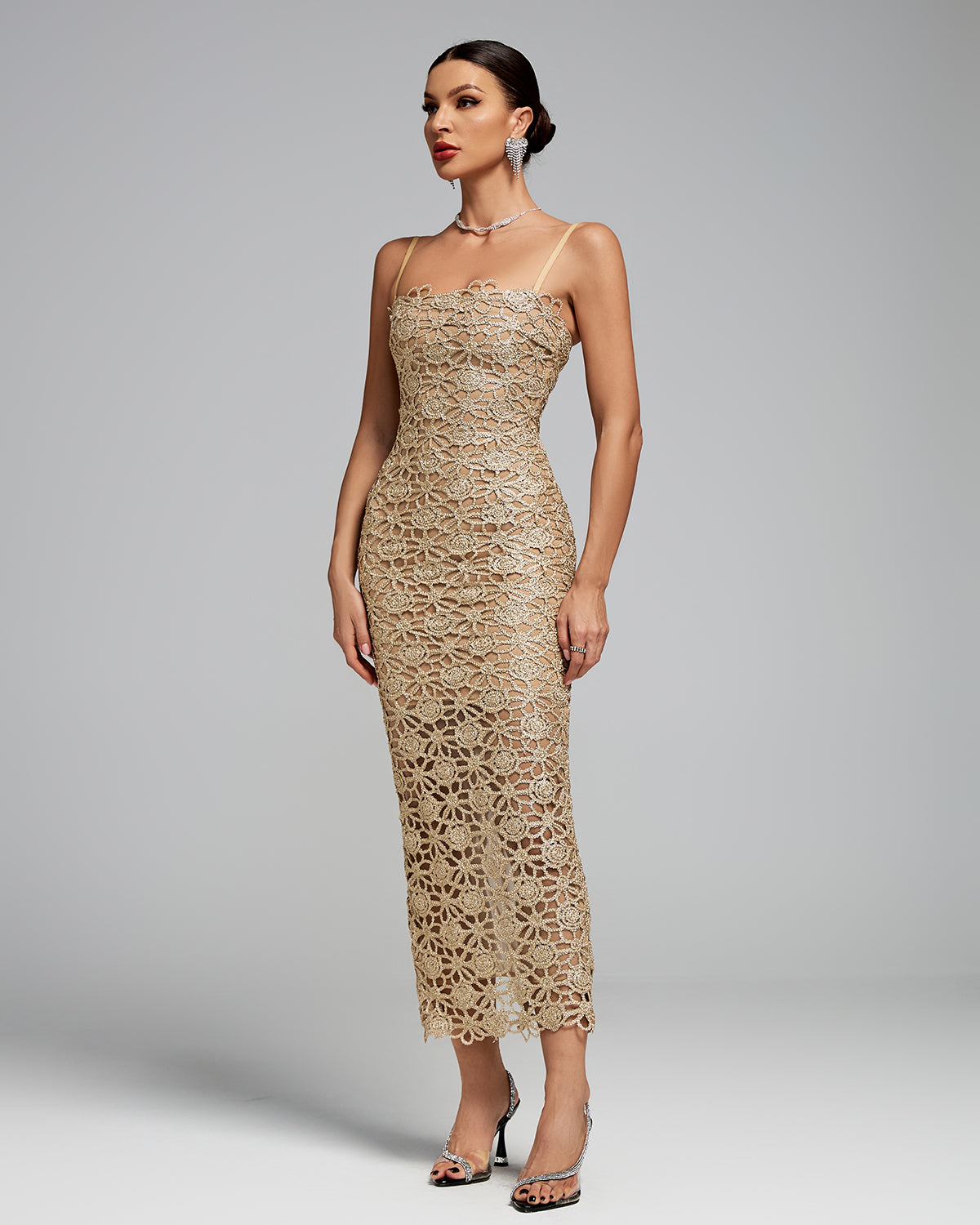 Floral-Embroidered Strap Midi Dress