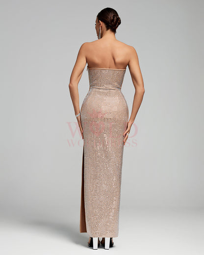 Strapless Rhinestone Sparkly Backless Maxi Dress