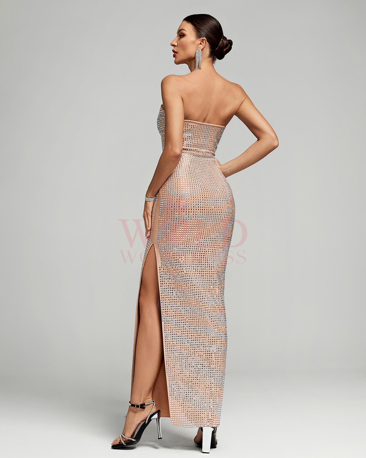 Strapless Rhinestone Sparkly Backless Maxi Dress