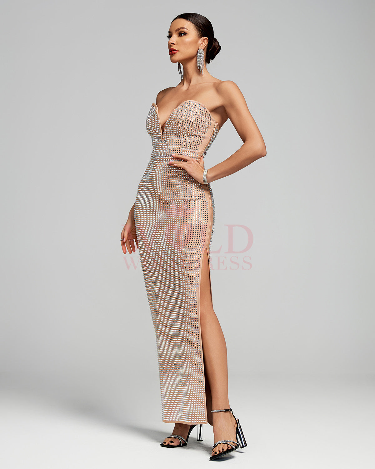 Strapless Rhinestone Sparkly Backless Maxi Dress
