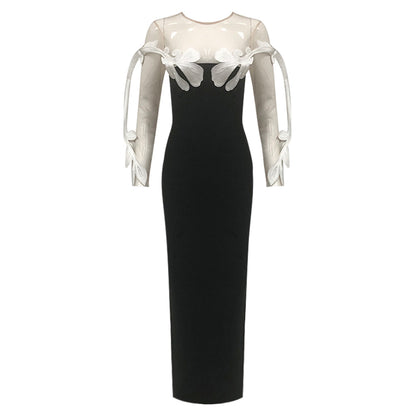 Round Neck Long Sleeve Leafs Maxi Bandage Dress HL10020