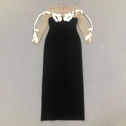 Round Neck Long Sleeve Leafs Maxi Bandage Dress HL10020