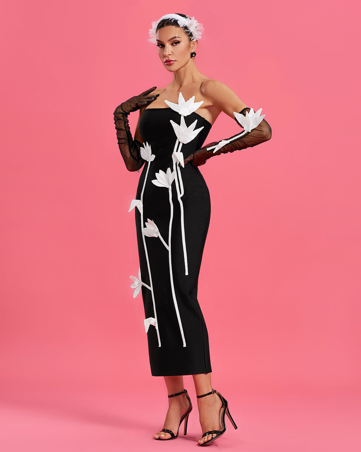 White-Flowers Strapless Midi Bandage Dress With Gloves