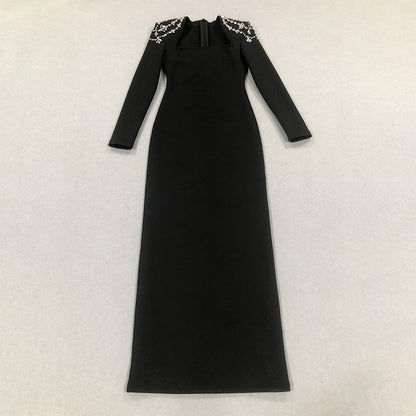 Square Collar Long Sleeve Crystal Maxi Bandage Dress HL10026