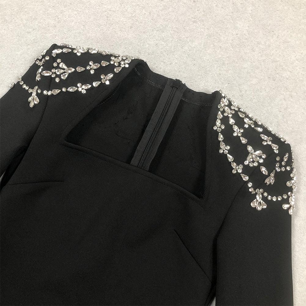 Square Collar Long Sleeve Crystal Maxi Bandage Dress HL10026