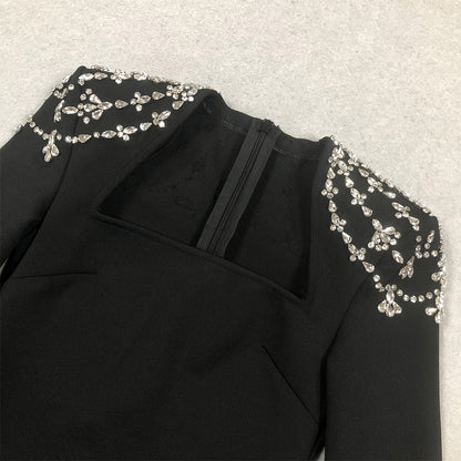 Square Collar Long Sleeve Crystal Maxi Bandage Dress HL10026