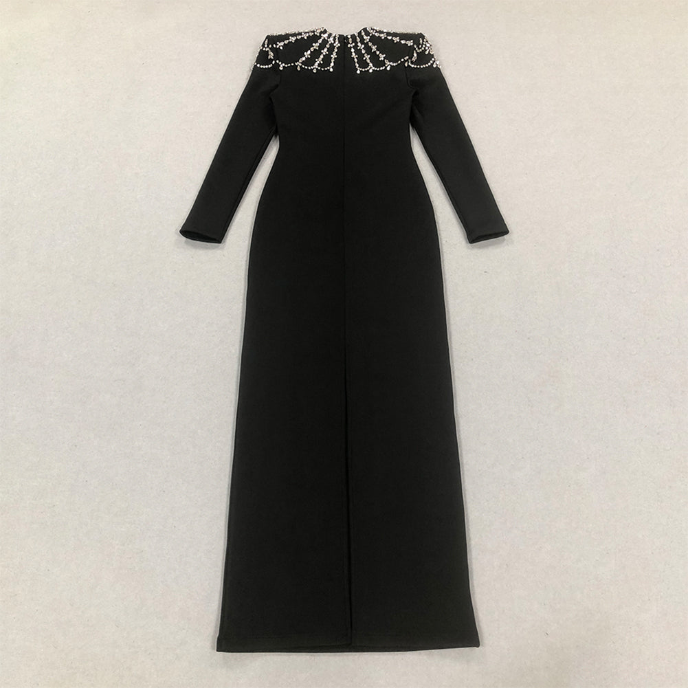 Square Collar Long Sleeve Crystal Maxi Bandage Dress HL10026