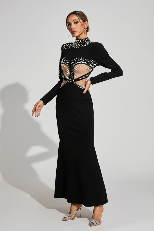 High Neck Pearl Mesh Cutout Bandage Gown