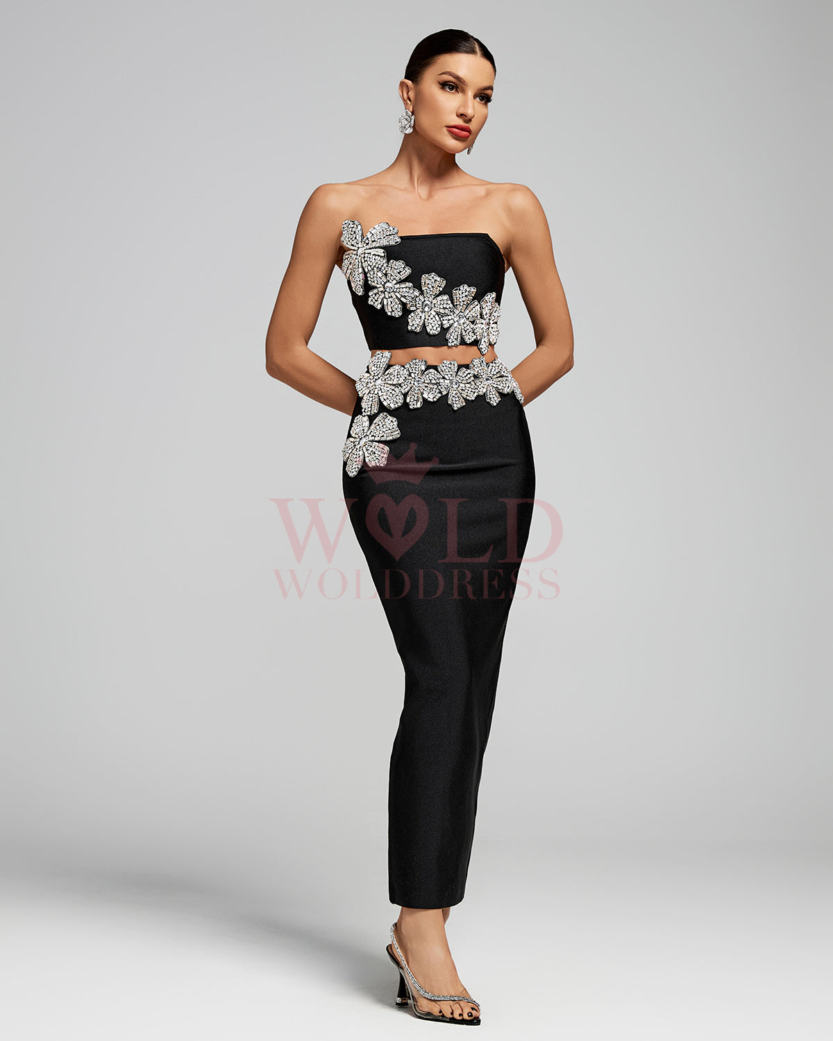 Crystal-Embellished Floral Bustier Two Piece Set