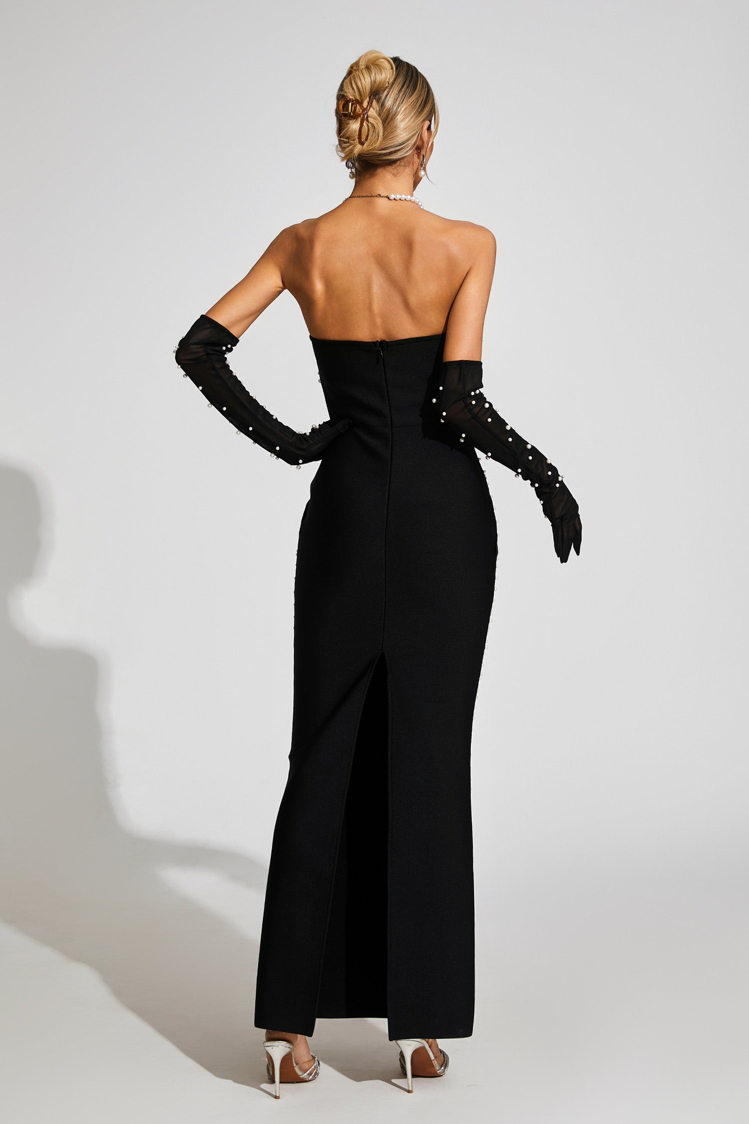 Strapless Pearl Maxi Bandage Dress With Gloves