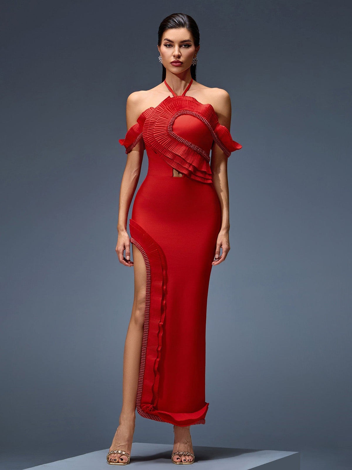 Open Back Halter Pleated Bandage Dress