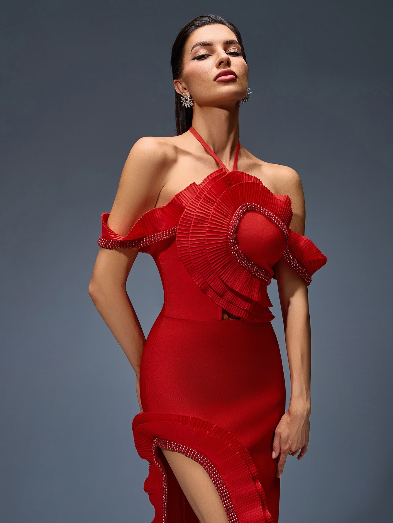 Open Back Halter Pleated Bandage Dress