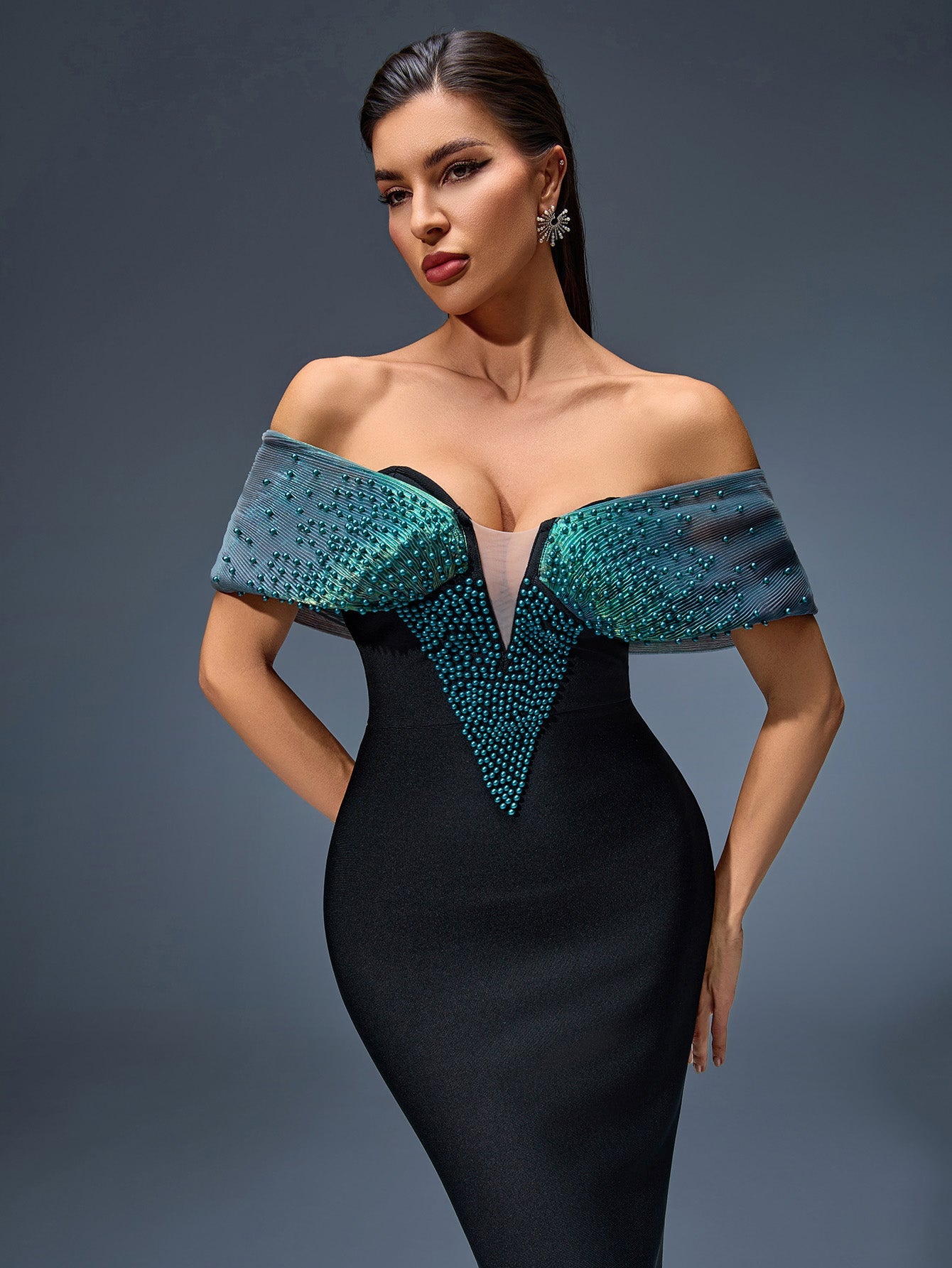 Off Shoulder Beaded Bandage Maxi Dress