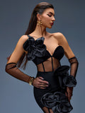 One Shoulder Bow-Floral Mesh Dress