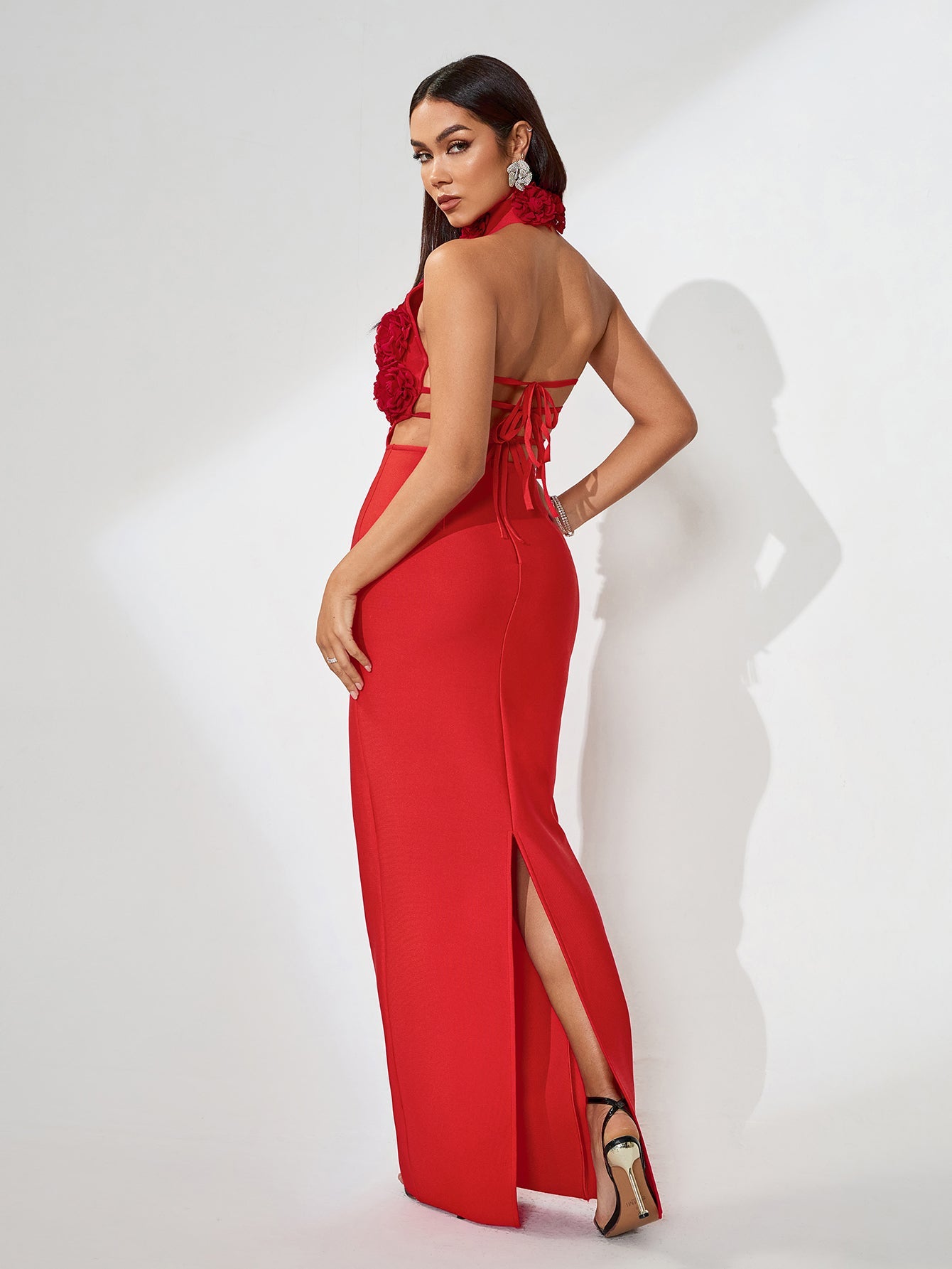 3D Flowers Hollow-Out Bandage Maxi Dress
