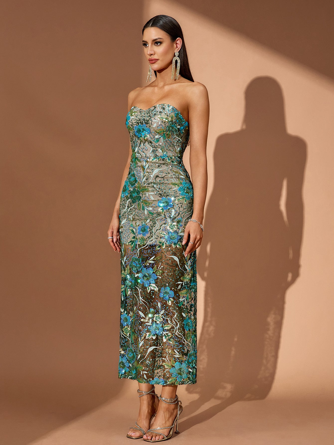 Teal-Multi Dahlia Floral Sequins Dress
