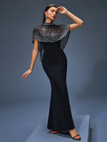 Beaded Neck Tulle Cape Maxi Dress