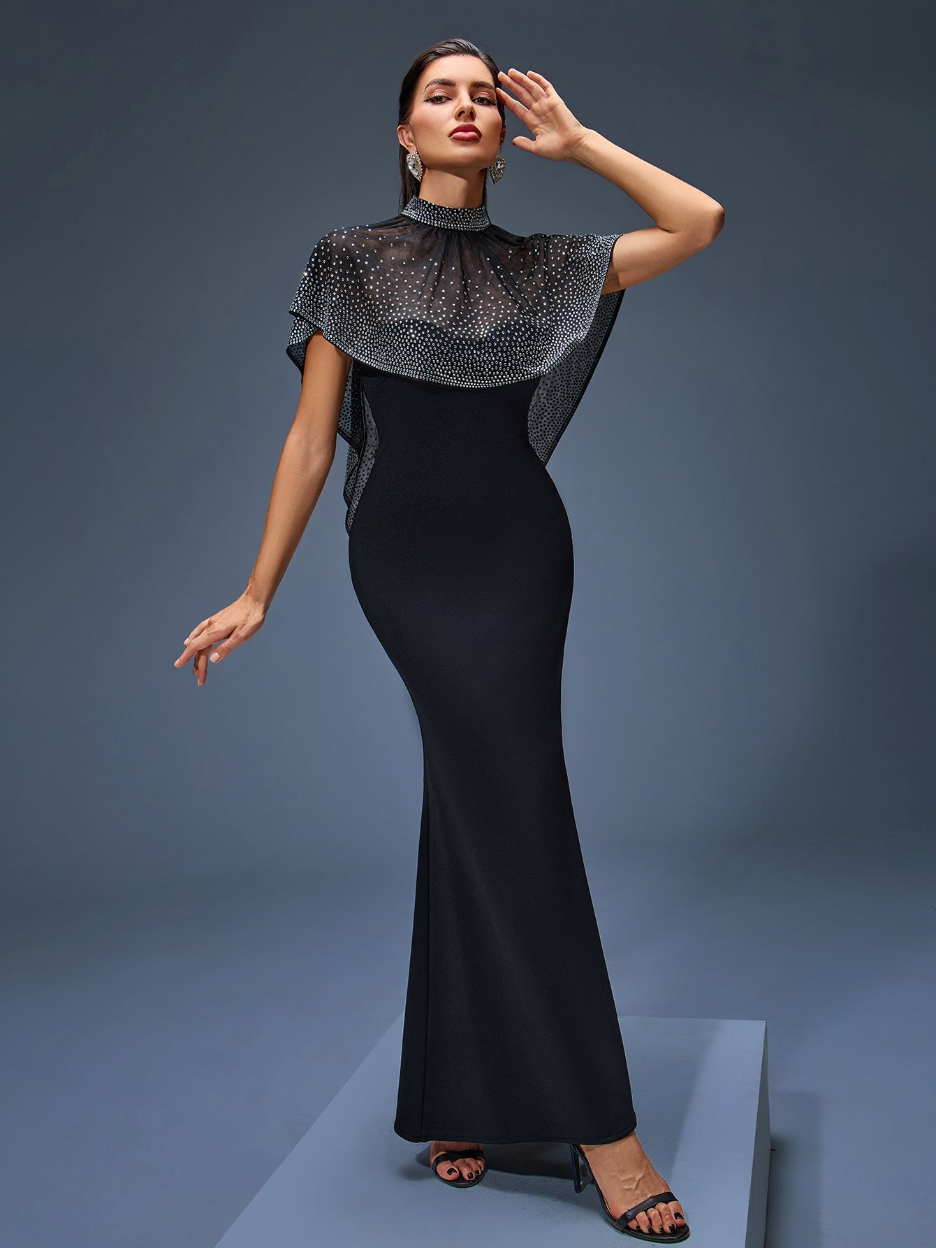 Beaded Neck Tulle Cape Maxi Dress