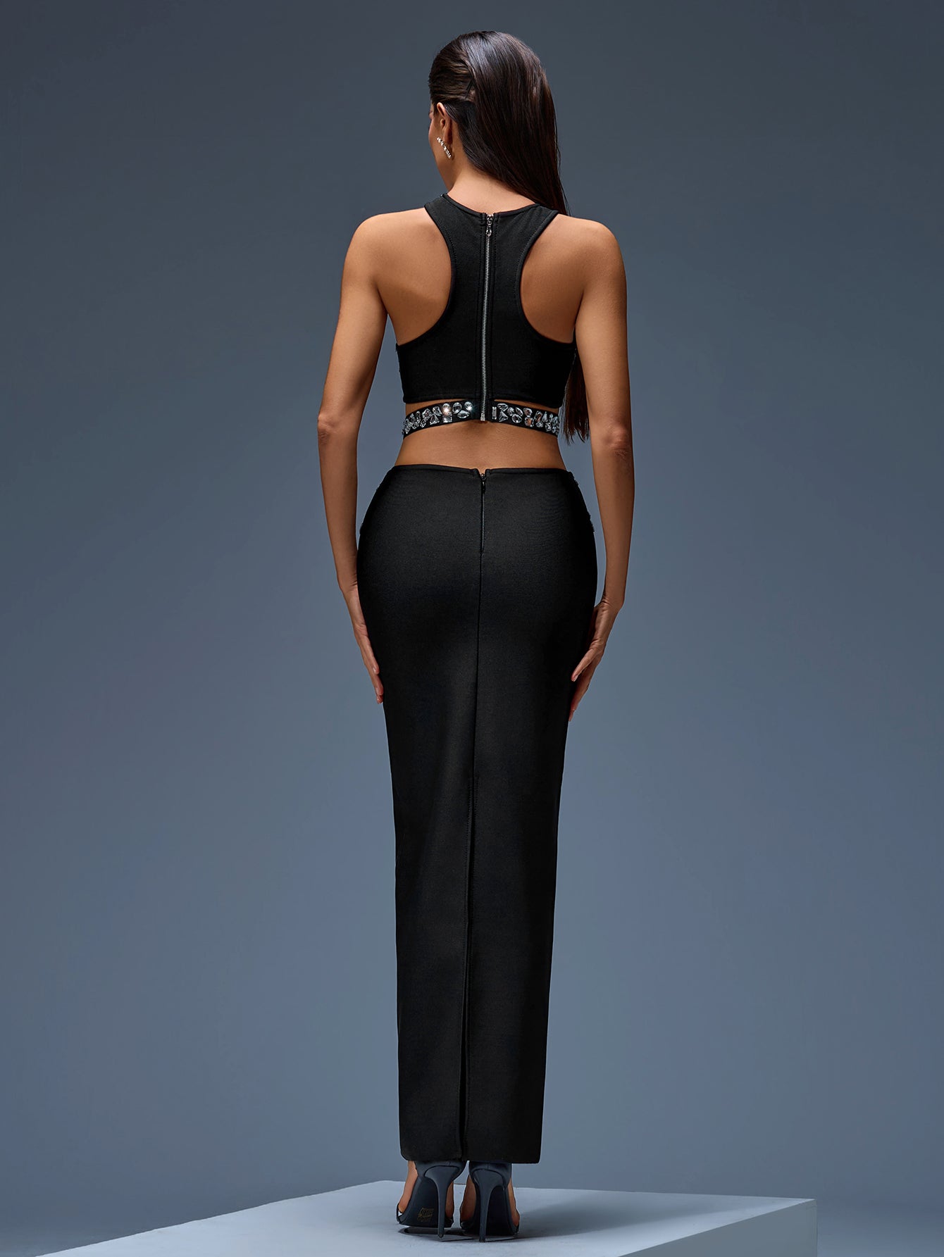 Rhinestone Top & Bandage Maxi Skirt Set