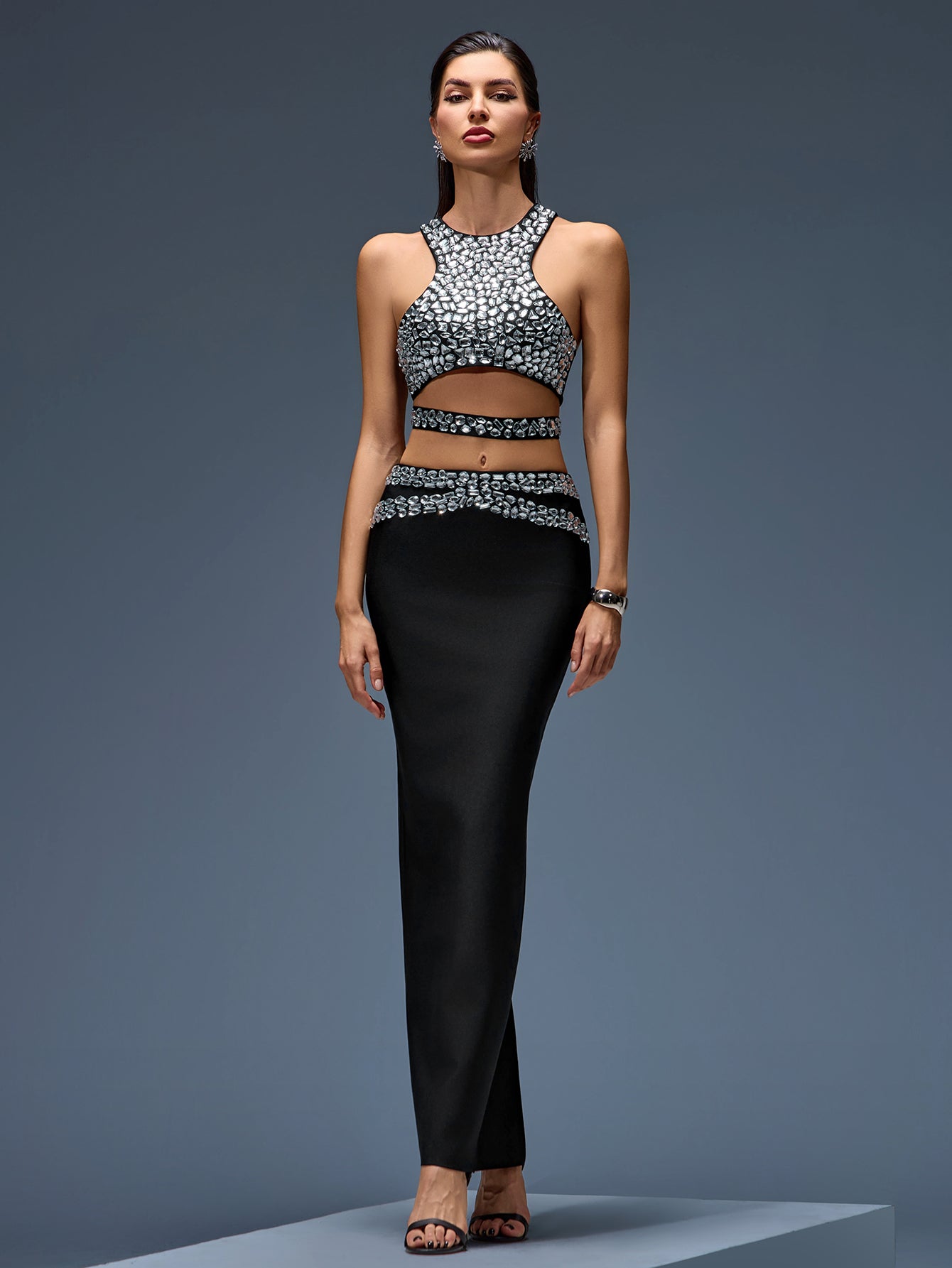 Rhinestone Top & Bandage Maxi Skirt Set