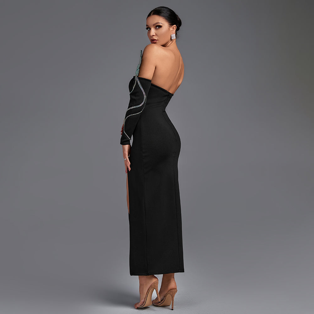 Off Shoulder Long Sleeve Maxi Rhinestone Bandage Dress