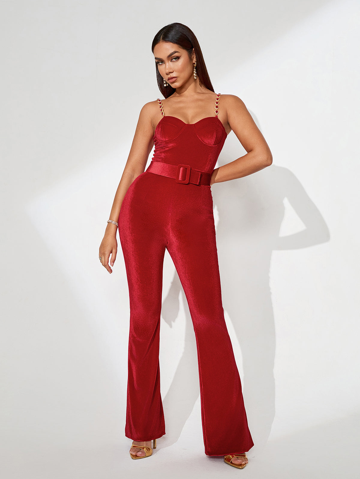 Harley Red Velvet Jumpsuit With Belt