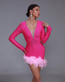 V-neck Crystal Trim Feather Bandage Dress