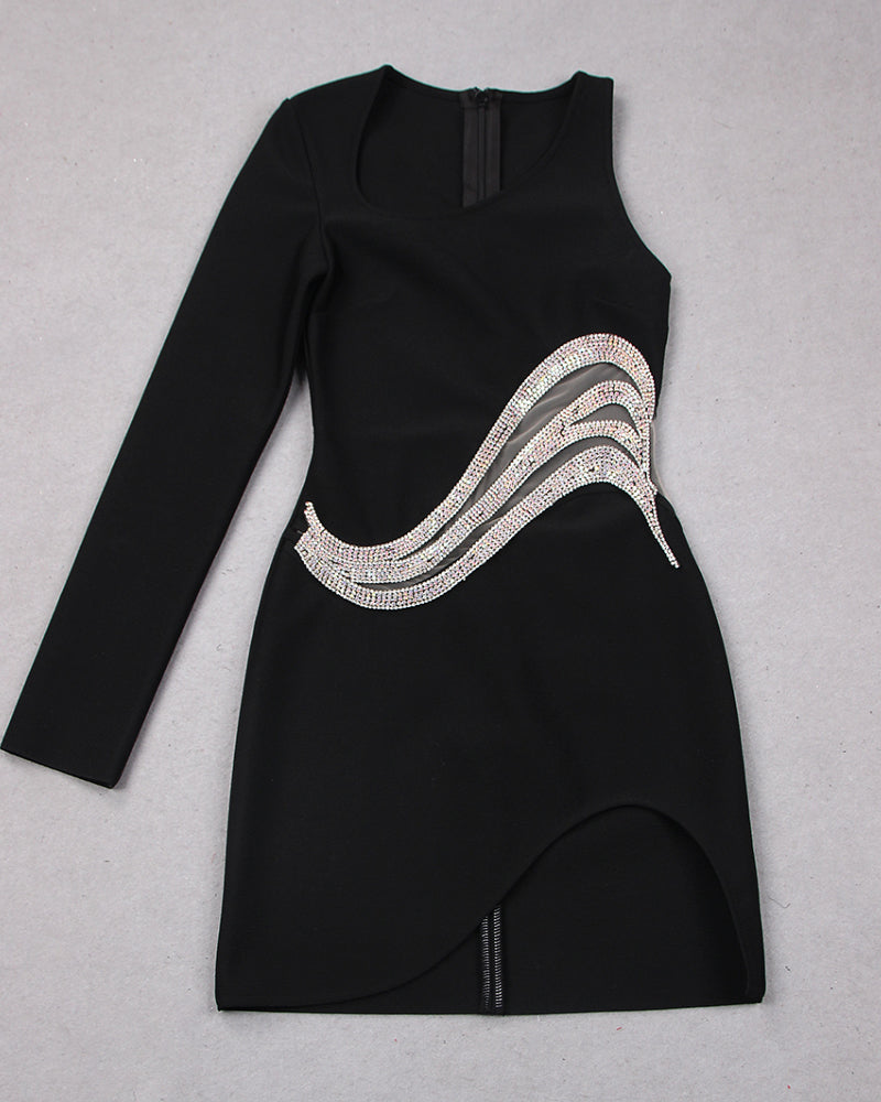 Asymmetric Diamonds Mesh Bandage Mini Dress