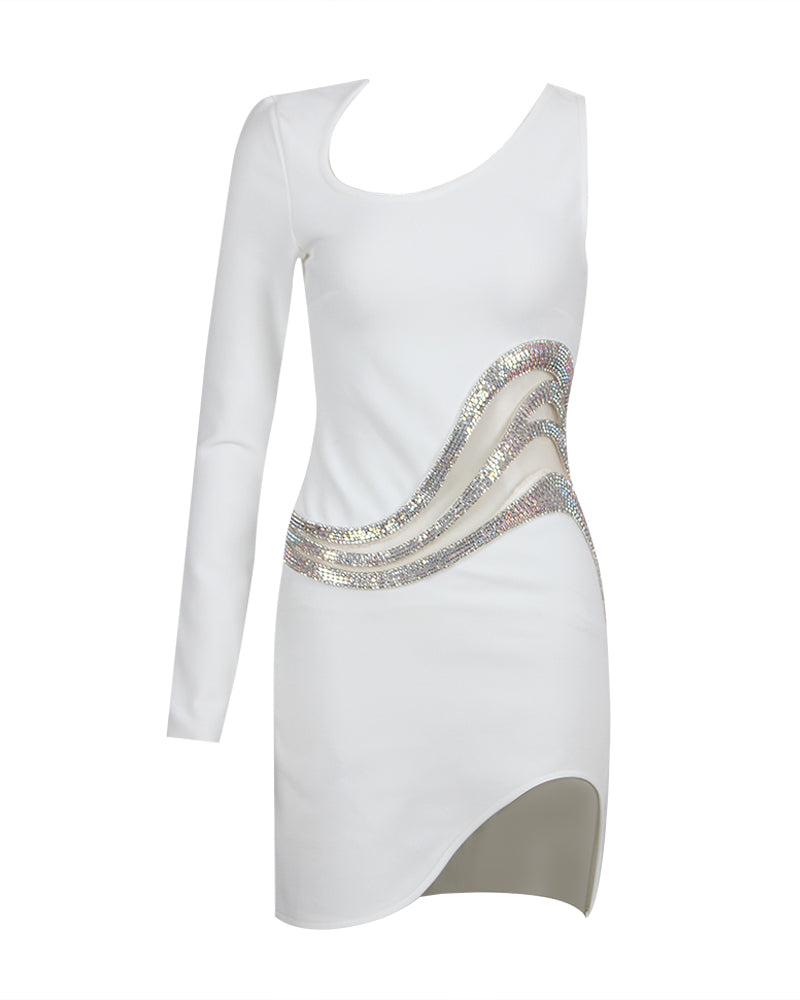 Asymmetric Diamonds Mesh Bandage Mini Dress