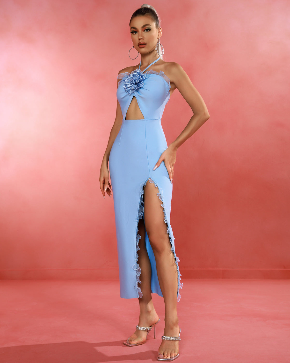 Blue Flower Cut Out Bandage Dress