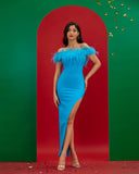 Off Shoulder Feather-trim Bandage Dress