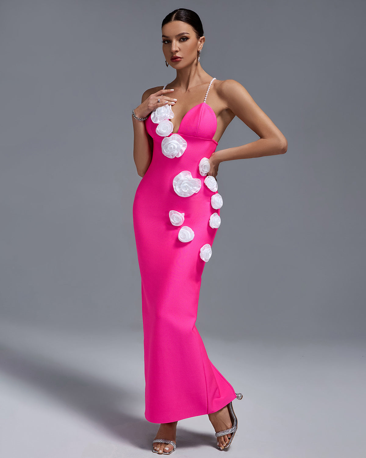 Pearl Strap White-Flowers Bandage Long Dress