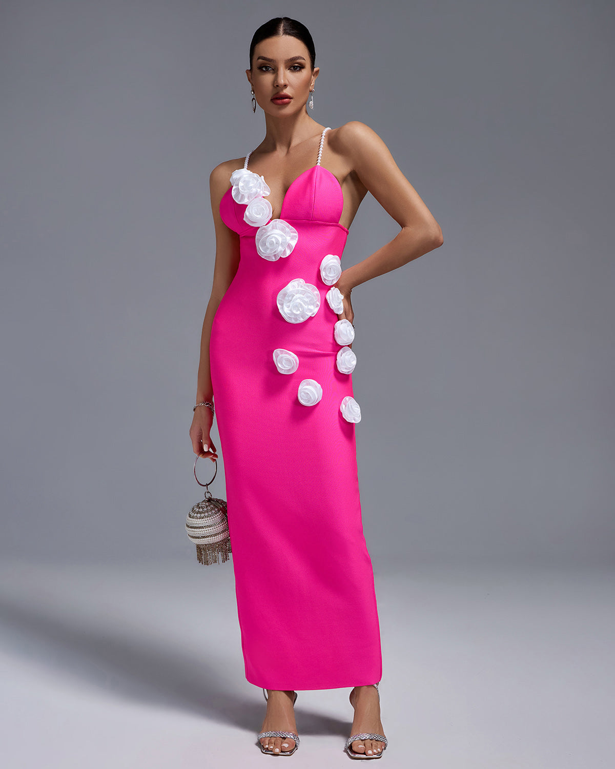 Pearl Strap White-Flowers Bandage Long Dress