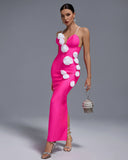 Pearl Strap White-Flowers Bandage Long Dress