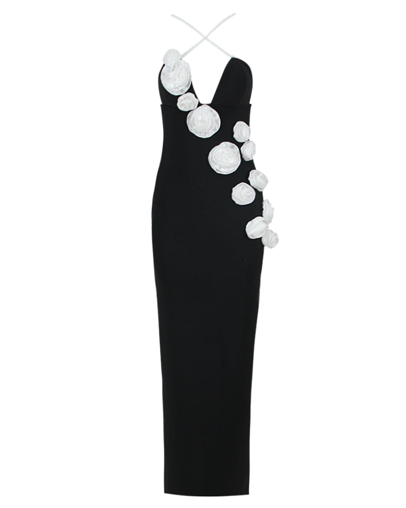 Pearl Strap White-Flowers Bandage Long Dress