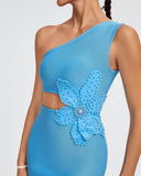 Sky Blue Flower Applique Midi Bandage Dress
