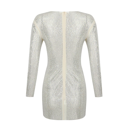 Round Neck Long Sleeve Rhinestone Mini Bodycon Dress HL9485