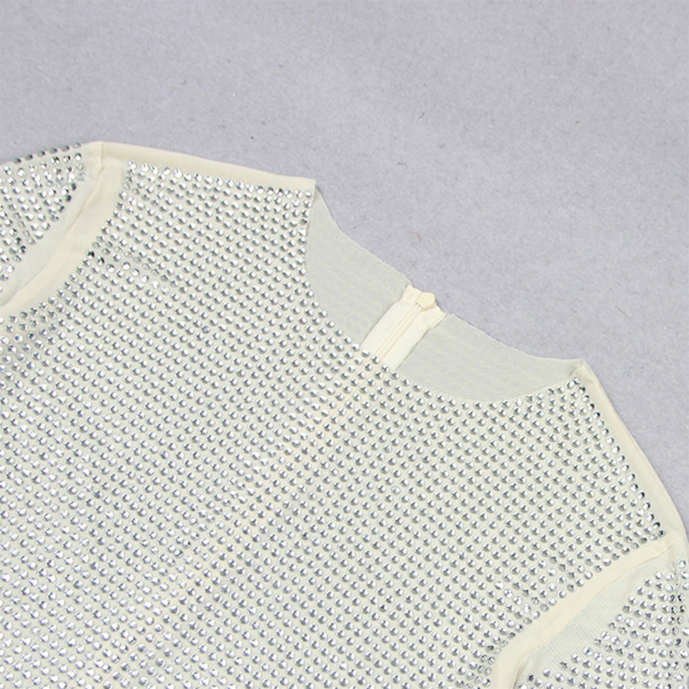 Round Neck Long Sleeve Rhinestone Mini Bodycon Dress HL9485
