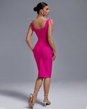 Square Neck Rhinestone Midi Bandage Dress