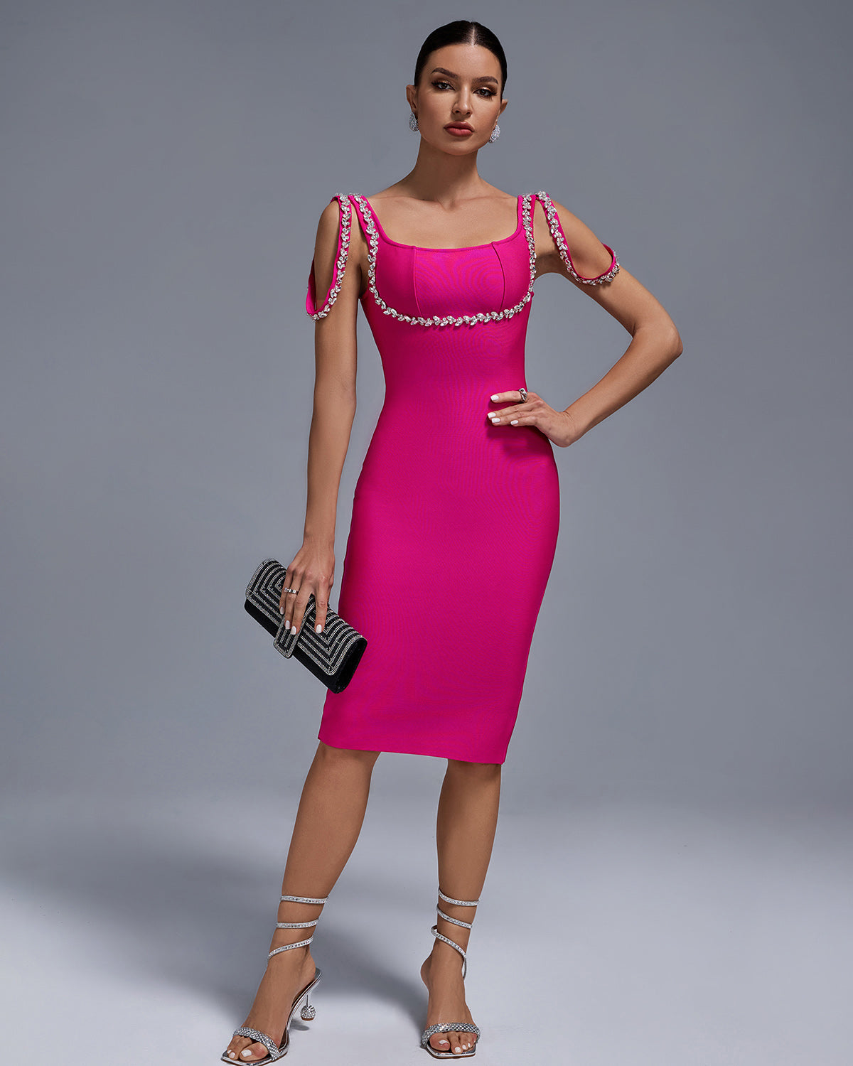 Square Neck Rhinestone Midi Bandage Dress