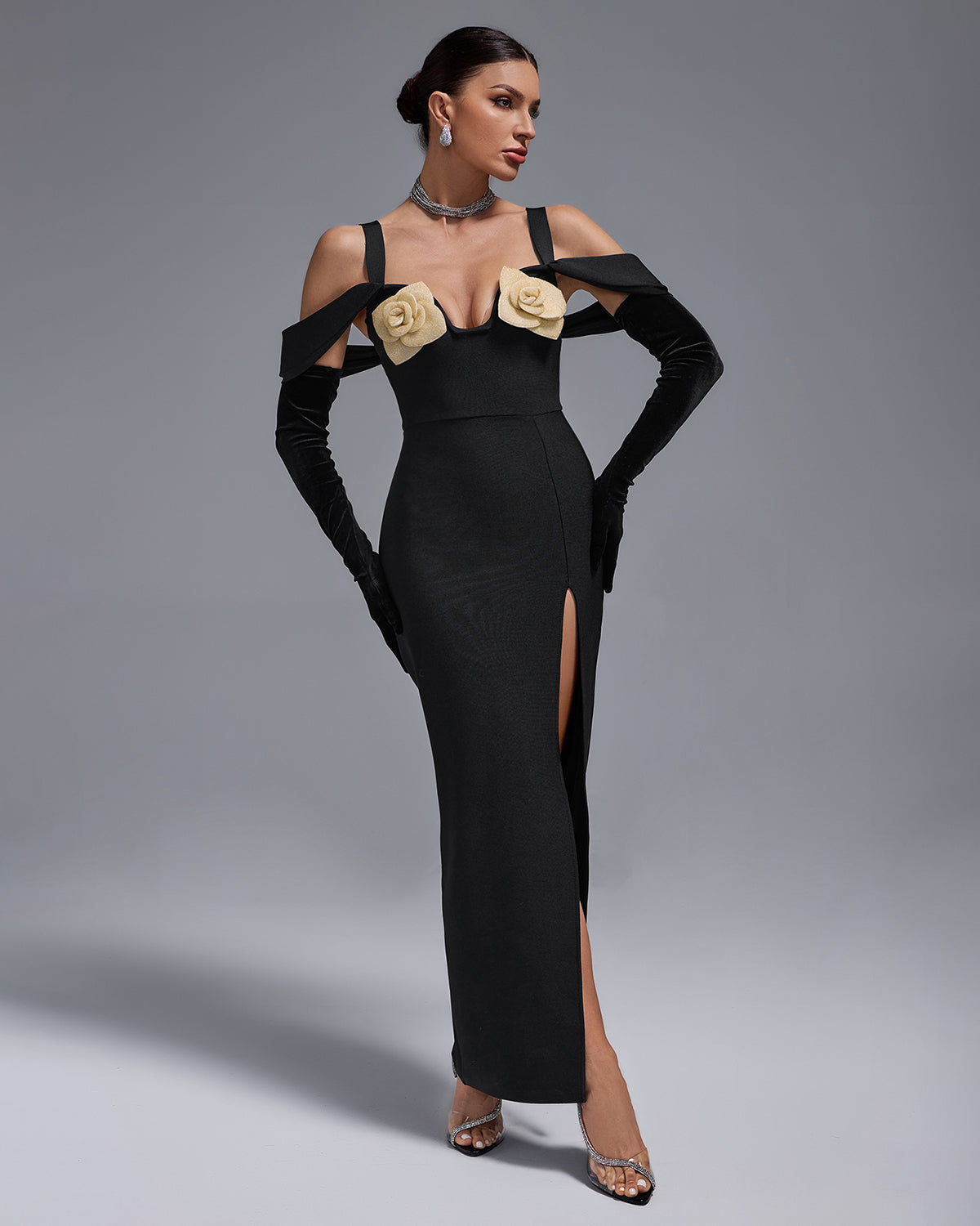 Sparkly Rose High Slit Bandage Dress With Gloves